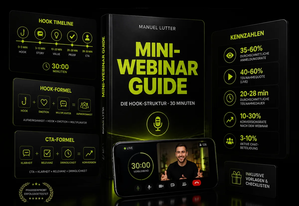 Mockup des Mini-Webinar Guides mit Buch, Übersichten zu HOOK-Timeline, Formeln und Kennzahlen sowie Smartphone mit laufendem 30-Minuten-Webinar